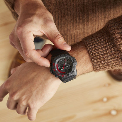 Luminox Navy SEAL Quartz Chronograph Carbonox Watch with Black & Red Dial & Rubber Strap close-up detail