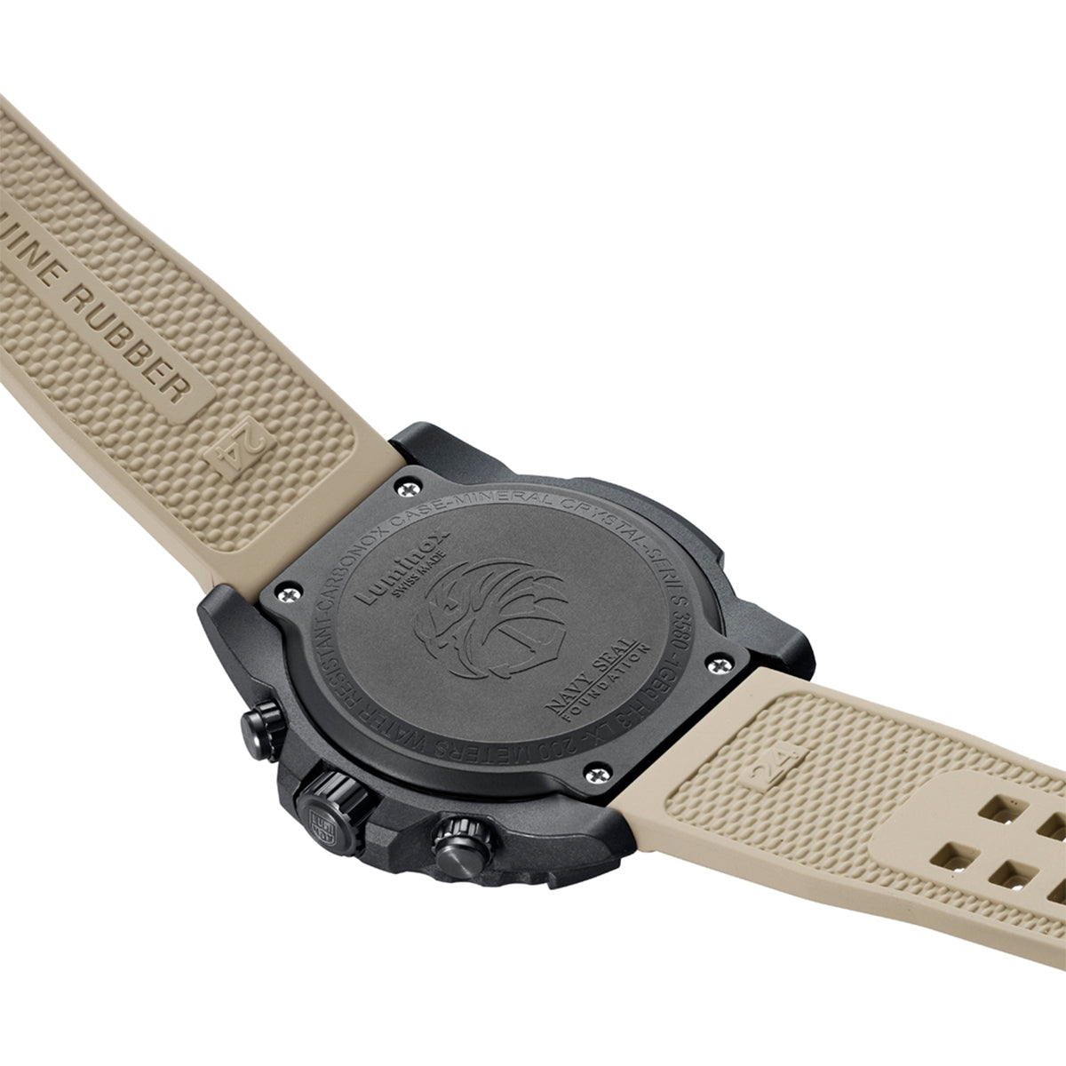 Luminox Men's Navy SEAL Foundation Quartz Black Carbonox Watch Set with Black Dial & Tan Rubber Strap close-up detail