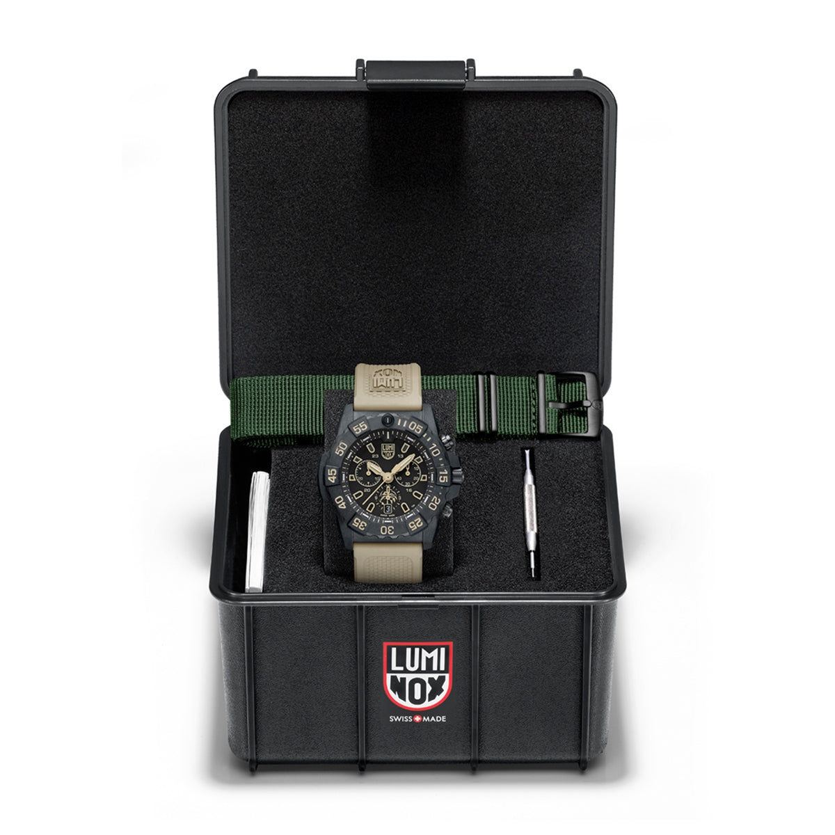Luminox Men's Navy SEAL Foundation Quartz Black Carbonox Watch Set with Black Dial & Tan Rubber Strap side profile