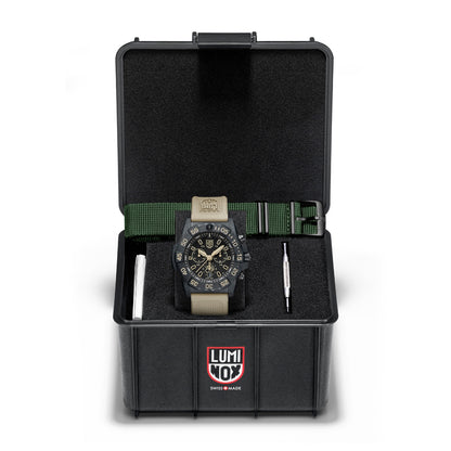 Luminox Men's Navy SEAL Foundation Quartz Black Carbonox Watch Set with Black Dial & Tan Rubber Strap side profile