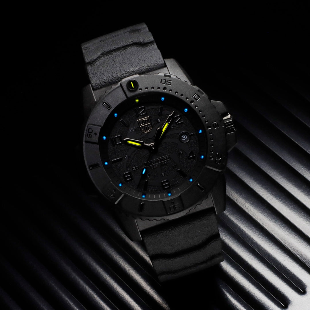 Luminox Men's Navy SEAL Foundation Quartz Black Carbonox Watch with Black Dial & Rubber Strap side profile