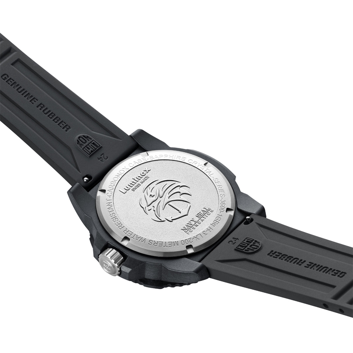 Luminox Men's Navy SEAL Foundation Quartz Black Carbonox Watch with Gray Dial & Black Rubber Strap close-up detail