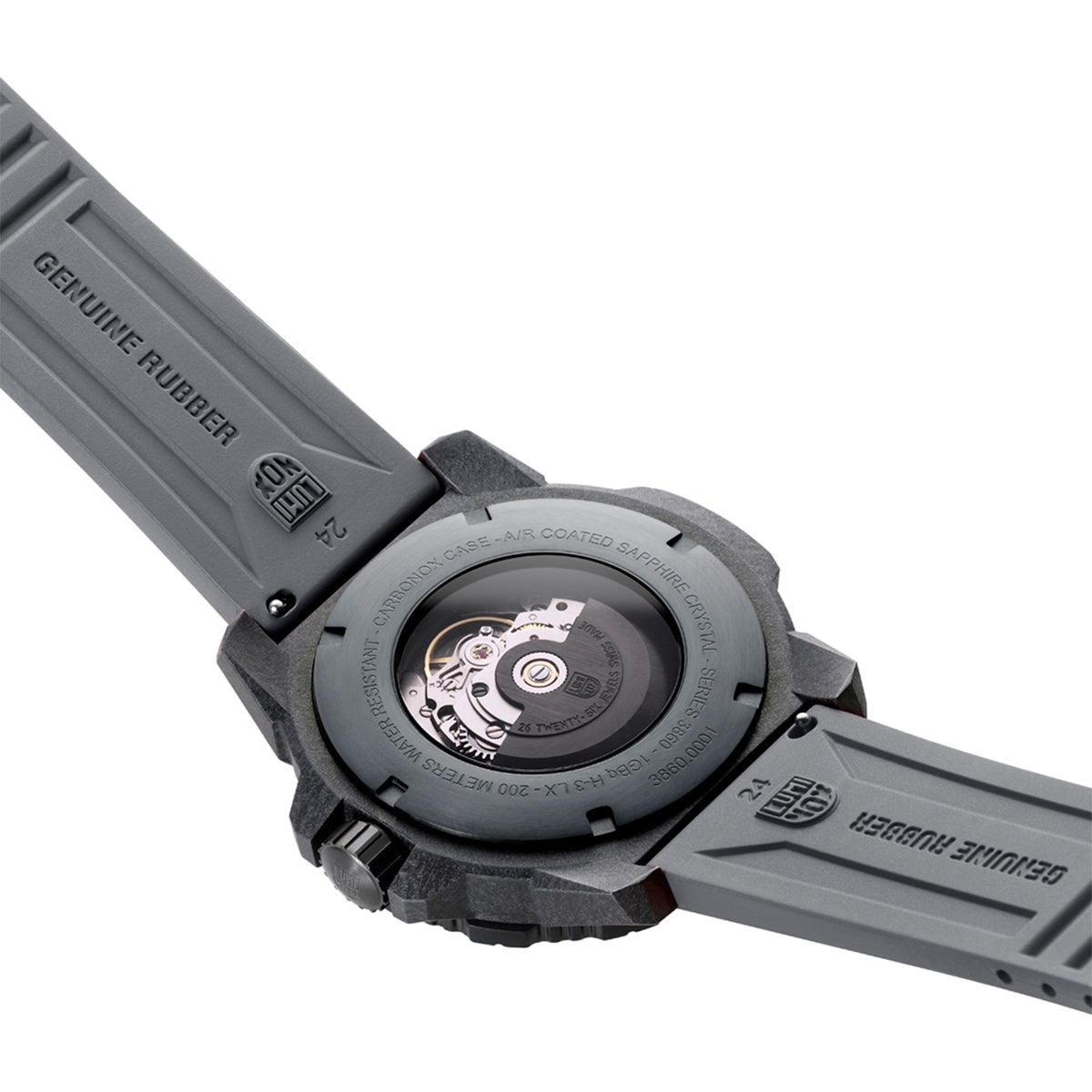 Luminox Men's Master Carbon SEAL Automatic Carbonox+ Watch with Black Dial & Gray Rubber Strap close-up detail