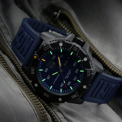 Luminox Men's Master Carbon SEAL Automatic Carbonox+ Watch with Blue Dial & Rubber Strap close-up detail