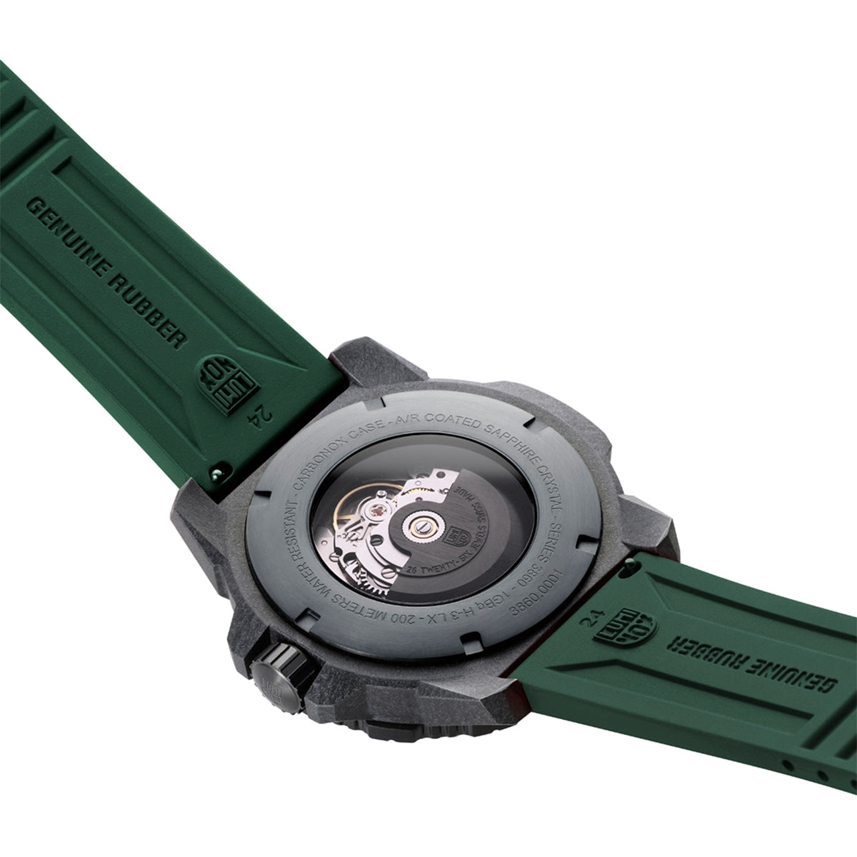 Luminox Men's Master Carbon SEAL Automatic Carbonox+ Watch with Black Dial & Green Rubber Strap close-up detail