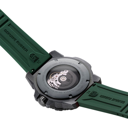 Luminox Men's Master Carbon SEAL Automatic Carbonox+ Watch with Black Dial & Green Rubber Strap close-up detail