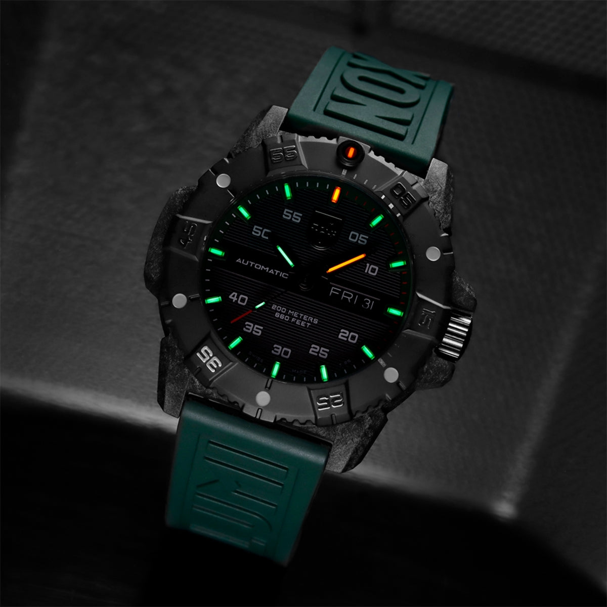 Luminox Men's Master Carbon SEAL Automatic Carbonox+ Watch with Black Dial & Green Rubber Strap side profile