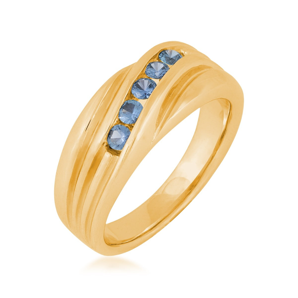 Yogo Sapphire Men's 5-Stone Diagonal Channel Set Ring in 14K Yellow Gold front view