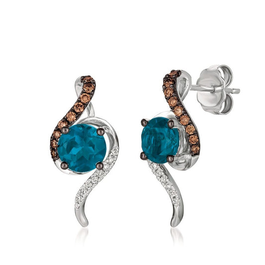 Le Vian Chocolatier Deep Sea Blue Topaz & 1/5 ct. tw. Chocolate & Vanilla Diamond Twist Earrings in 14K Vanilla Gold