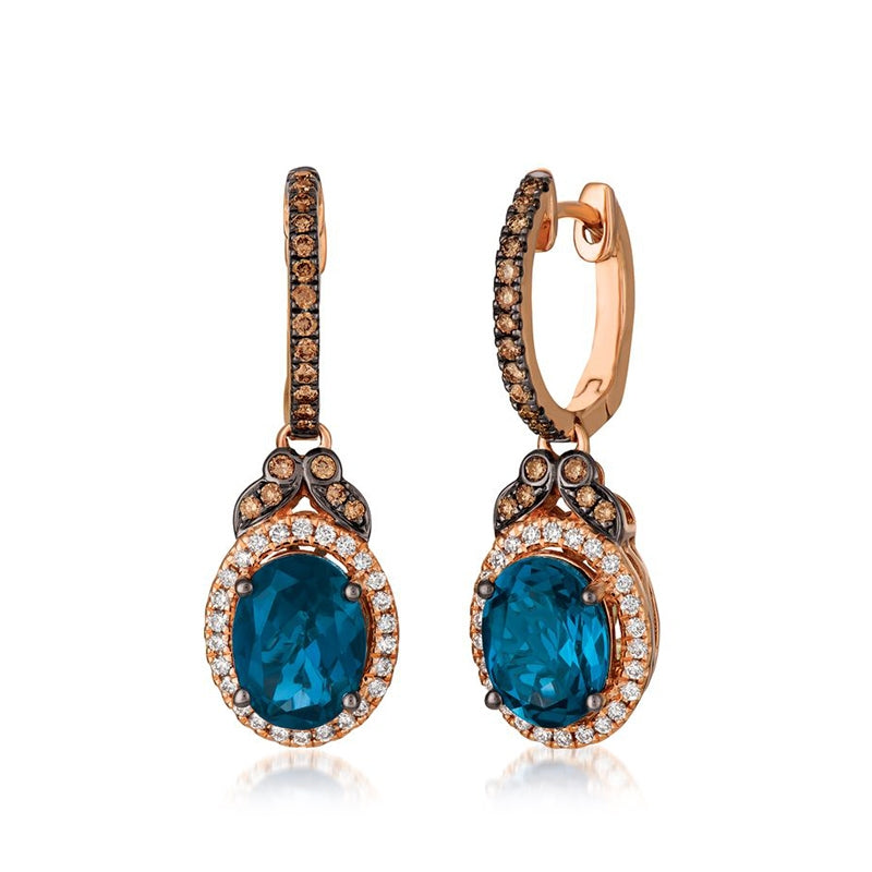 Le Vian Chocolatier Oval Deep Sea Blue Topaz & 1/3 ct. tw. Vanilla & Chocolate Diamond Halo Dangle Earrings in 14K Strawberry