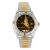 White and gold-tone stainless steel watch with duck and two gold leaves on a black dial