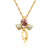 Pink rose and green leaf cross pendant in yellow gold