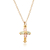 Small yellow gold budded cross pendant with grapes in center and pink and green leaves