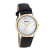 Gold-tone stainless steel watch with white dial and black leather strap