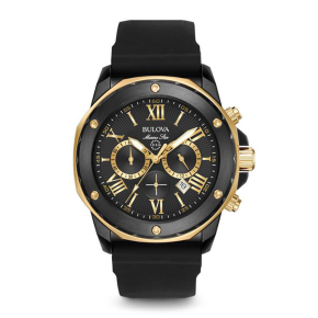 Bulova Marine Star Collection Men's 6 Hand Chronograph Watch with Calendar in Black & Gold Tone Stainless Steel Dial with Black Silicon Strap - 98B278 