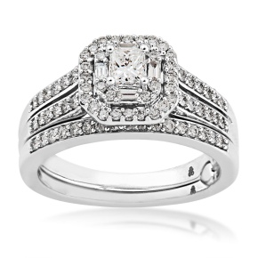 Amaura 3/4 ct. tw. Princess Cut Diamond Wedding Set with Round & Straight Baguette Double Halo in 10K White Gold - RB3303TPA45J0W-10KW
