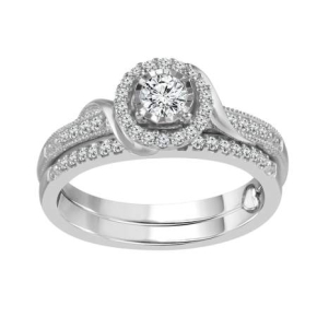 True Promise 3/8 ct. tw. Round Brilliant Halo Wedding Set with Ribbon Inspired Gold Accents in 10K White Gold - RB6424-A6610W