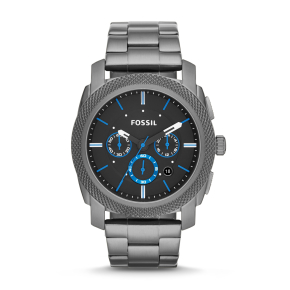 Fossil Men's Machine Chronograph Watch with Smoke Gray Stainless Steel Bracelet and Black Dial with Blue Accents - FS4931