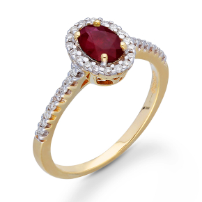 KALLATI Genuine Oval Ruby Fashion Ring with 1/5 ct. tw. Round Brilliant Diamond Halo & Band in14K Yellow Gold - R14444DR
