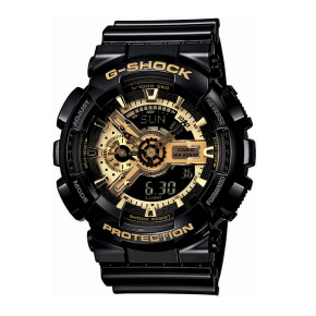 Casio G-Shock Men's 25MM Black Resin Band with Multi-Functional Black and Gold Watch Face - GA110GB-1