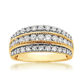 1 ct. tw. 3-Row Diamond Anniversary Ring with Milgrain Detailing in 10K Yellow Gold - SKR18910-100-10KY