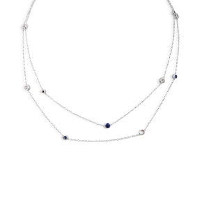 Created Blue and White Sapphire Layered Station Necklace in Sterling Silver 