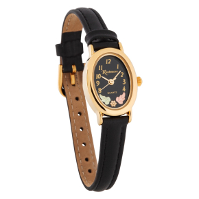 oval gold-tone stainless steel watch with black leather strap and black dial with pink and green gold leaves 
