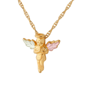 Yellow gold angel pendant with pink and green gold leaf wings