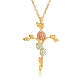 Yellow gold rose cross pendant with pink flower and green leaves
