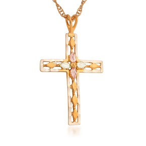 Yellow gold diamond cut open cross pendant with center grapes and green and pink gold leaves