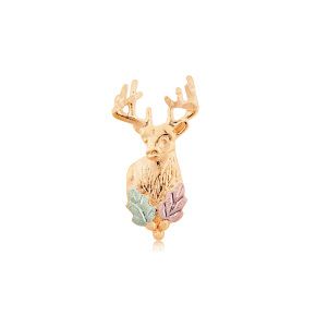 Yellow gold deer head tie tack with pink and green gold leaves
