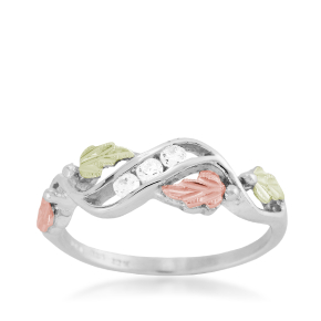 sterling silver cubic zirconia ring with pink and green gold leaves