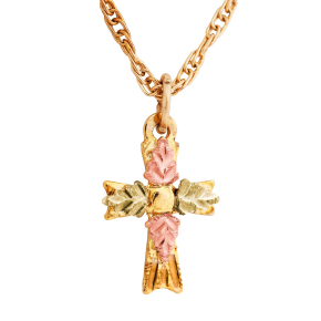 Black Hills Gold Ladies' Small Cross Pendant with Pink & Green Leaf Accents in 10K Yellow Gold - G-2153