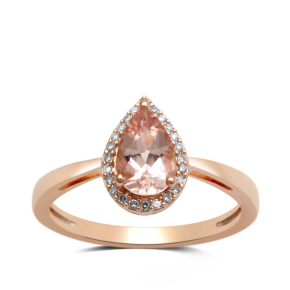 pear morganite pink gold ring with diamond halo
