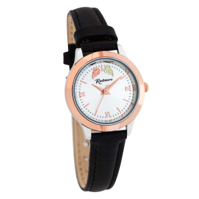 Pink stainless steel watch with white dial, pink and green leaves, and black leather band