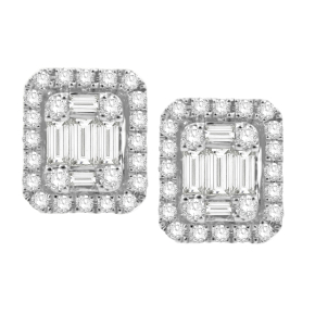 1/4 ct. tw. Straight Baguette Diamond Earrings with Round Diamond Halo in 10K White Gold - JN7642-LF10W