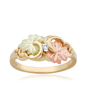 Round diamond yellow gold ring with pink and green gold leaves