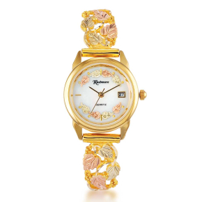 Rushmore Ladies' Black Hills Gold Watch with Leaf Accents White Dial and Black Hills Gold Band - WR31015
