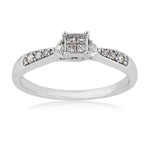 I Promise 1/6 ct. tw. Diamond Princess Cut Quad Promise Ring with Round Diamond Accented Band in 10K White Gold - RE2271RPR10W-10W