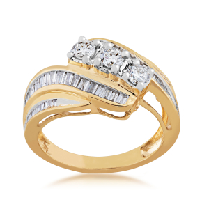 1 ct. tw. Three Stone Prong-Set Fashion Diamond Ring with Side Channel Baguette Diamonds in 10K Yellow Gold - SKR16370@-100