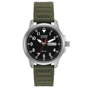 Citizen Chandler Men's Military Inspired Watch with Simple Black Dial in Stainless Steel Case with Rugged Woven Green Stitched Strap - BM8180-03E