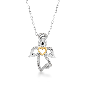 sterling silver diamond angel pendant with a yellow gold heart