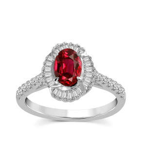 Oval Ruby & 1/2 ct. tw. Diamond Halo Ring in 10K White Gold