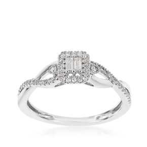 Infinite Love 1/4 ct. tw. Baguette Cluster Halo Twist Band Promise Ring in 10K White Gold
