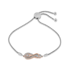 Diamond infinity bolo bracelet in sterling silver and pink gold with round miracle plate diamond in loop