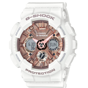 Casio G-Shock Metallic Face Series Ladies' Watch with Matte White Resin Band and Champagne Multi-Functional Face - GMAS120MF-7A2 