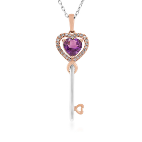 heart amethyst sterling silver and pink gold key pendant