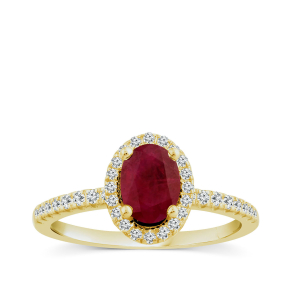 Oval Glass Filled Ruby & 1/5 ct. tw. Diamond Halo Ring in 14K Yellow Gold