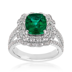Cushion Emerald & 1-1/7 ct. tw. Diamond Scalloped Halo Ring in 18K White Gold