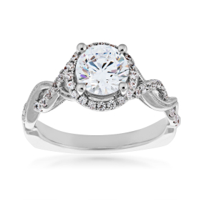 Valina 1/4 ct. tw. Diamond Halo Semi-Mount Engagement Ring with Twisted Diamond & Milgrain Band in 14K White Gold - R9773W@ALLOY